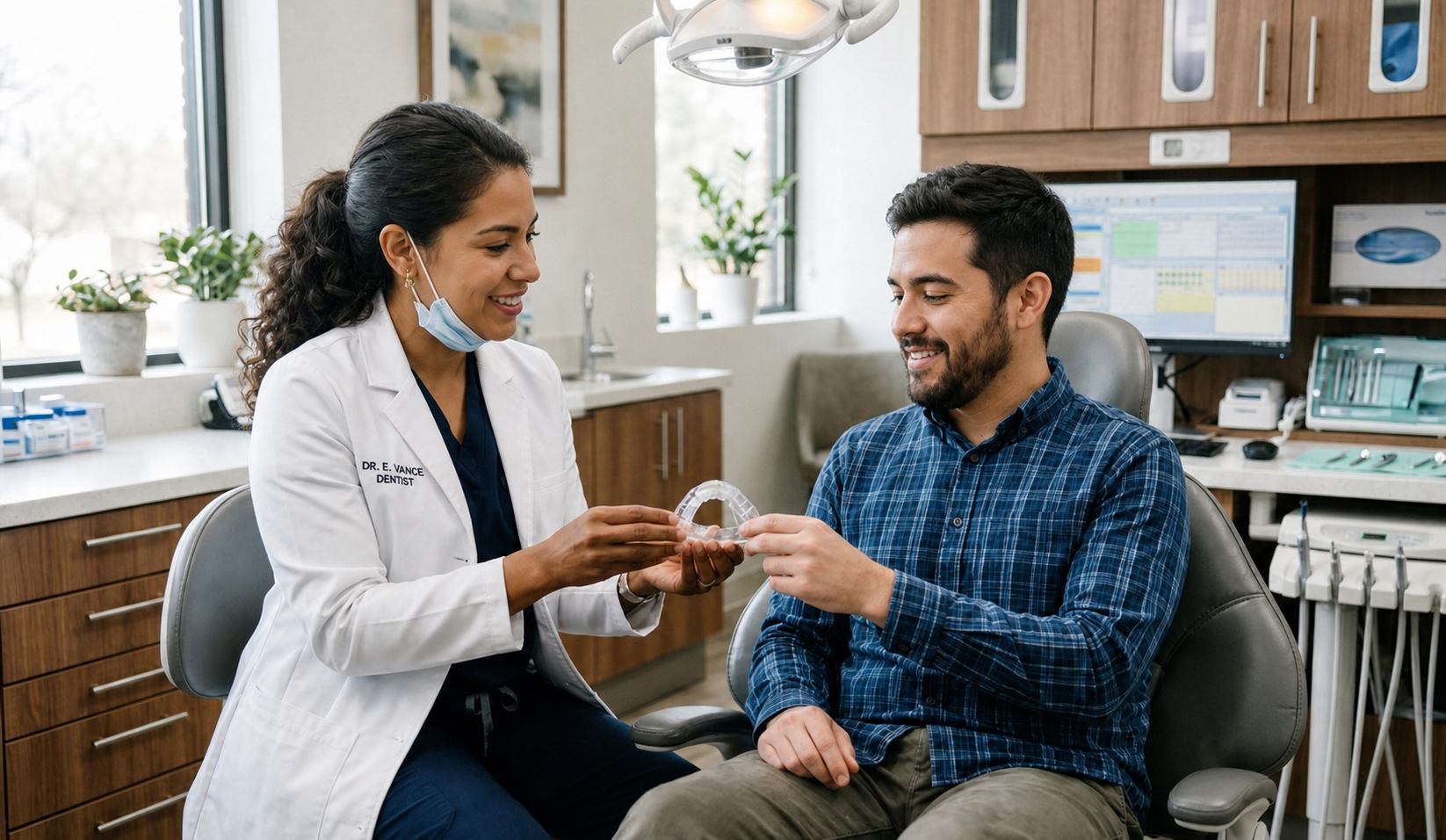 Dentista muestra un dispositivo oral para la apnea del sueño.