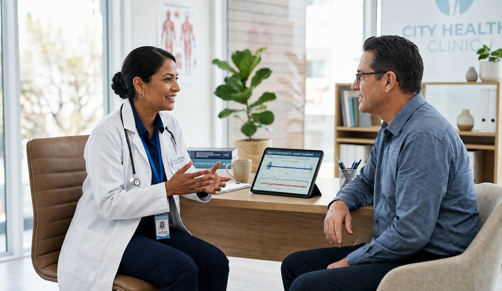 Profesional de la salud conversando con un paciente sobre la evaluación y el diagnóstico de la apnea del sueño.