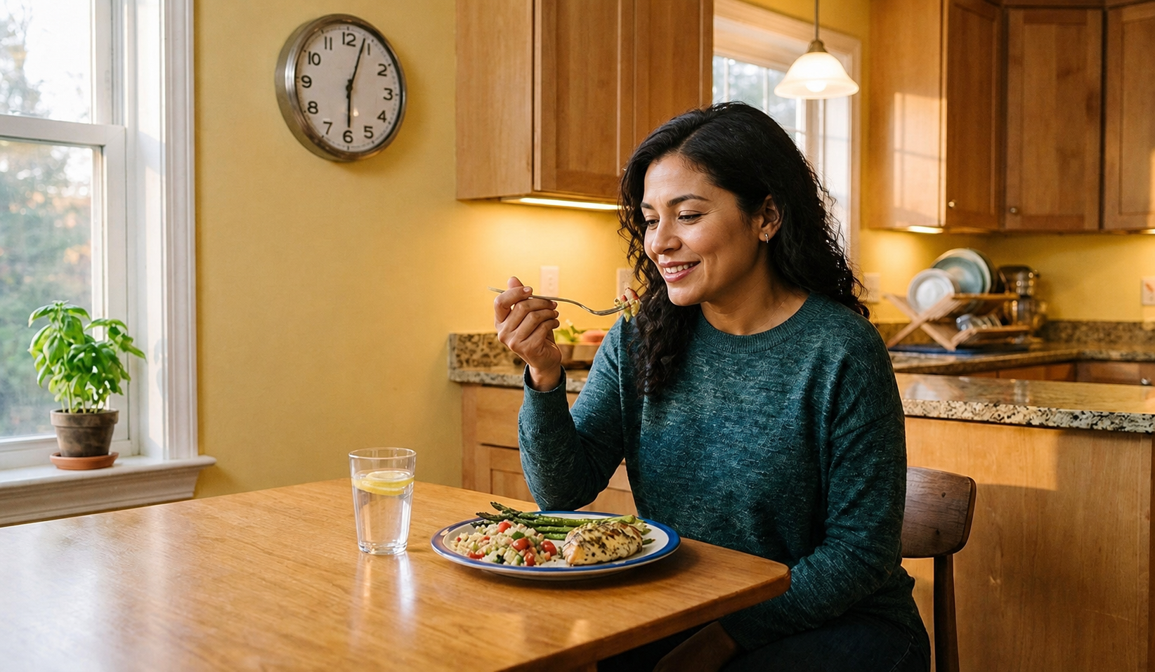 Mujer comiendo, uno de los hábitos que pueden ayudar a controlar los síntomas del reflujo.