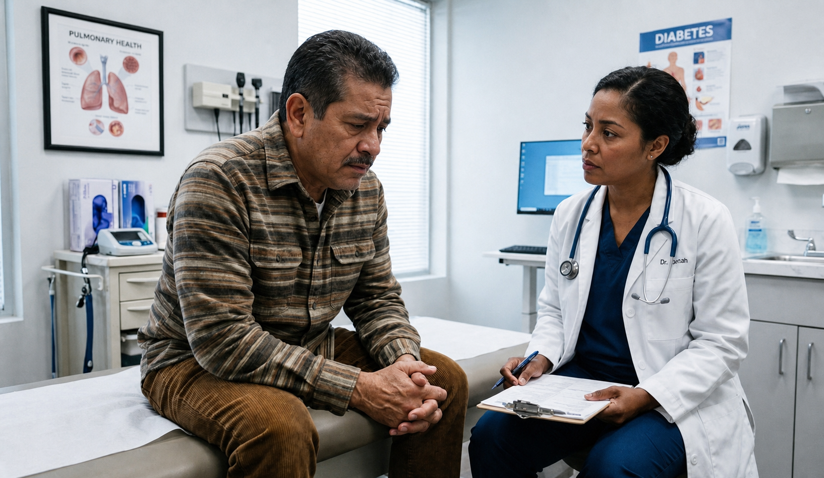 Hombre conversa con una profesional de la salud durante una consulta.