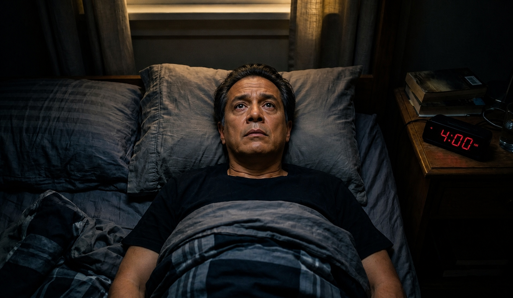 Hombre despierto en la cama durante la madrugada.