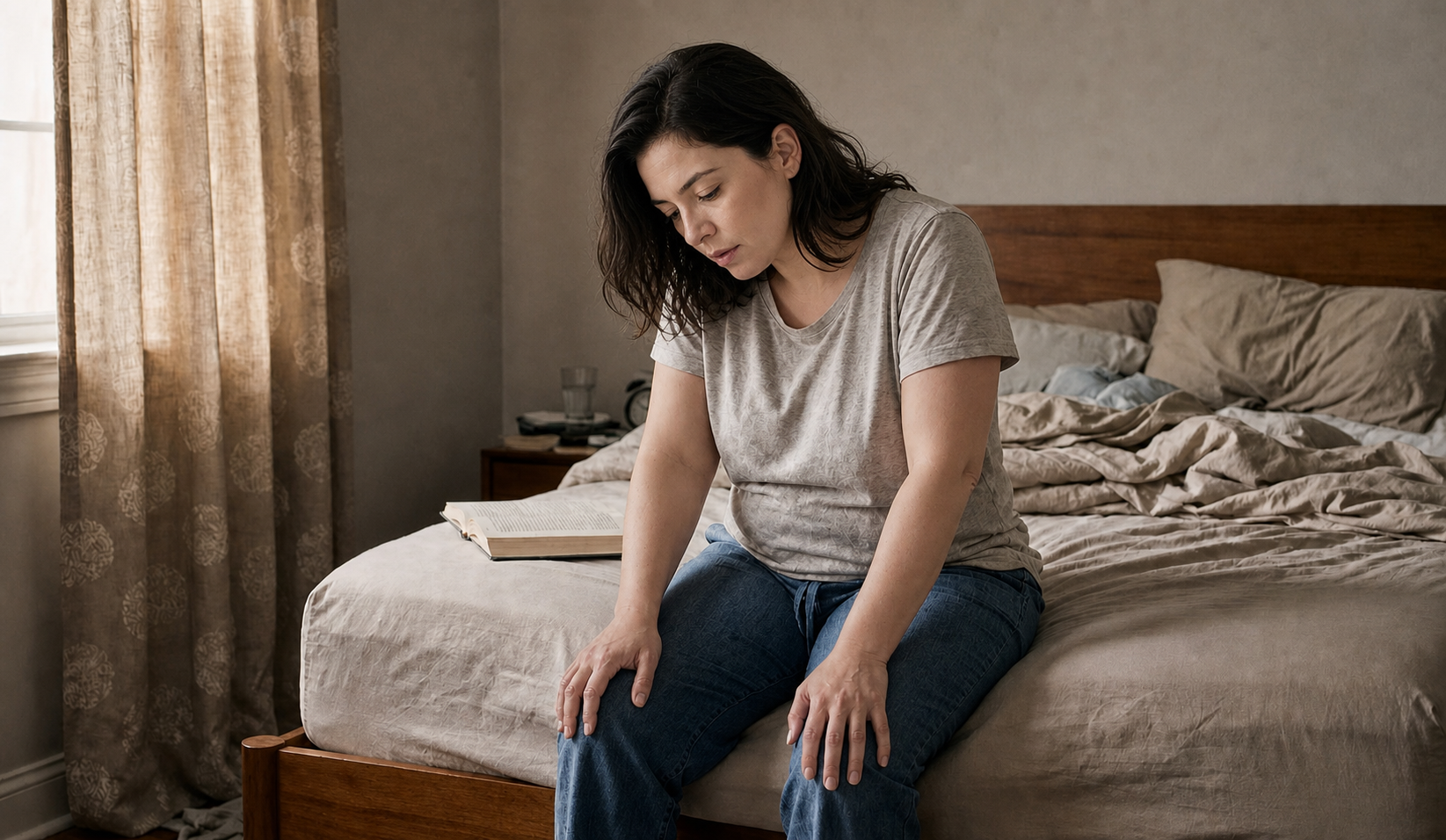 Mujer sentada en la cama con cansancio, un posible síntoma de la apnea obstructiva del sueño