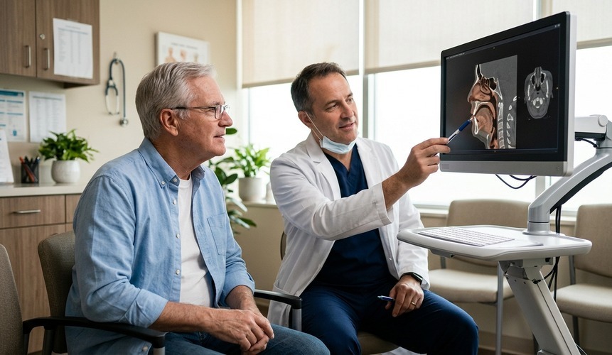 Médico explica a un paciente imágenes de las vías respiratorias durante una consulta sobre apnea del sueño.