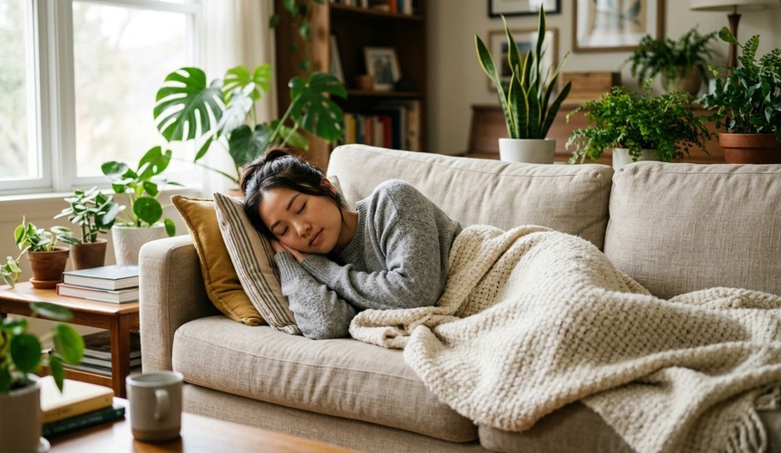 Persona descansando en un sofá, representando la recuperación después del tratamiento de la apnea obstructiva del sueño.