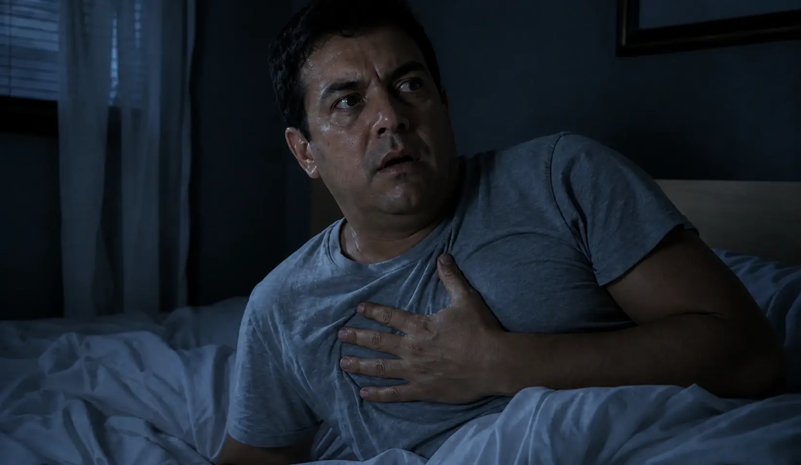 Hombre despierto durante la noche, sentado en la cama con expresión de sobresalto y una mano sobre el pecho.