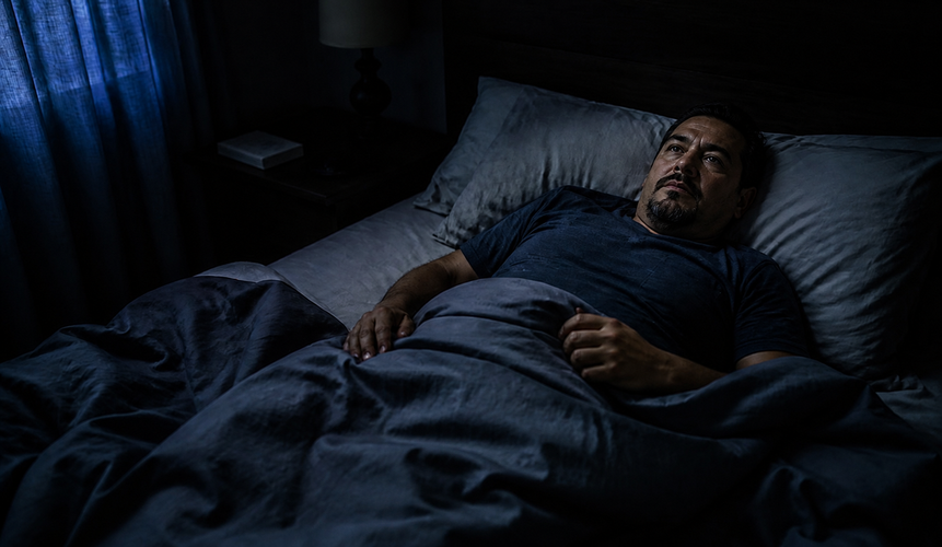 Hombre despierto acostado en la cama durante la noche.