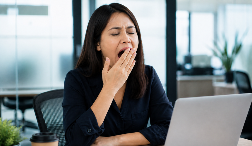 Mujer bostezando mientras trabaja frente a una computadora.