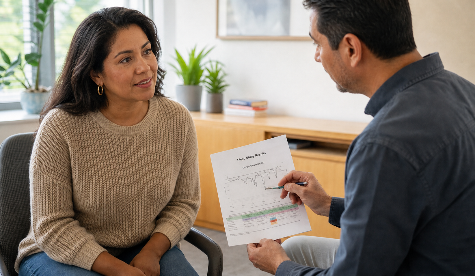 Profesional de la salud explicando los resultados de un estudio del sueño a una paciente