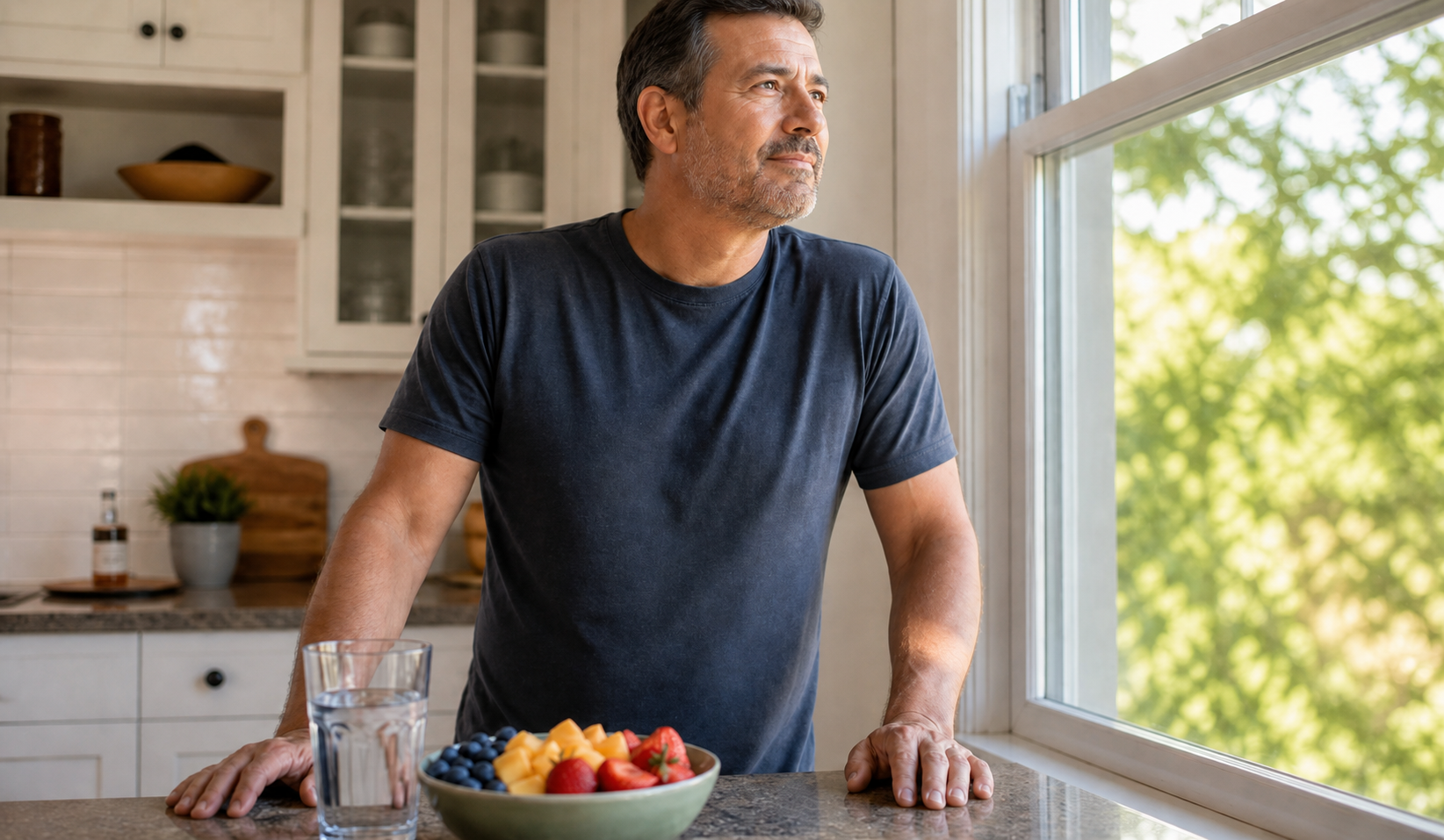 Hombre de pie en la cocina junto a un plato de frutas