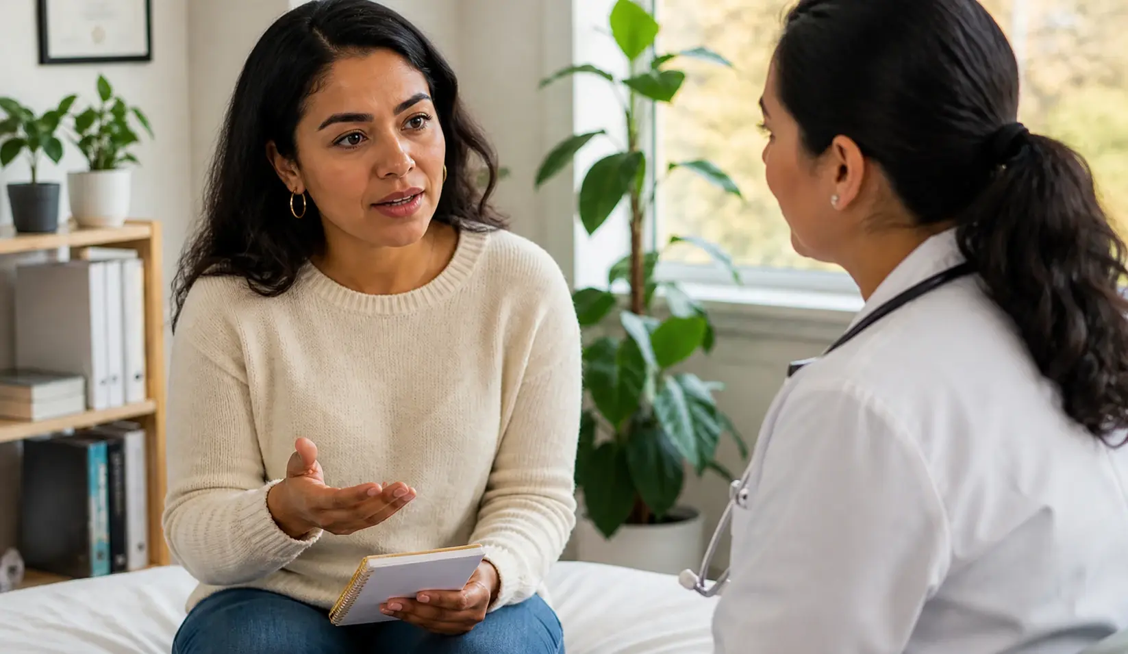 Mujer conversando con una profesional de la salud durante una consulta.
