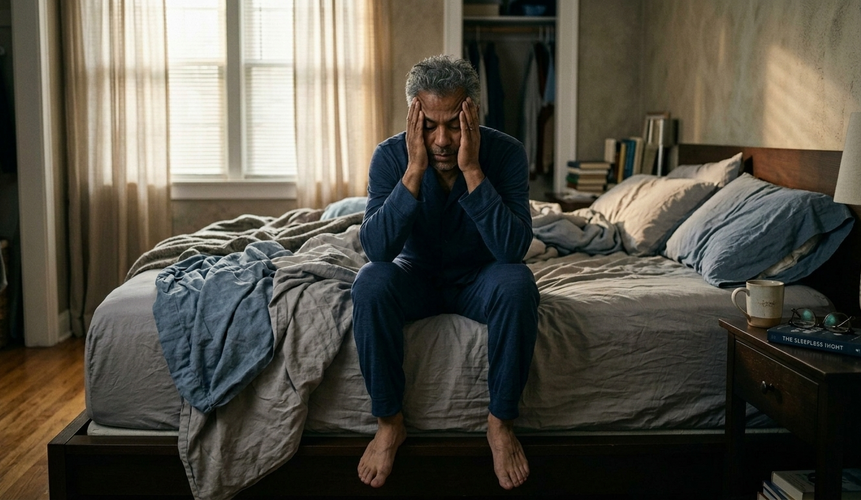 Hombre sentado al borde de la cama con las manos en la cabeza después de una noche sin descanso.