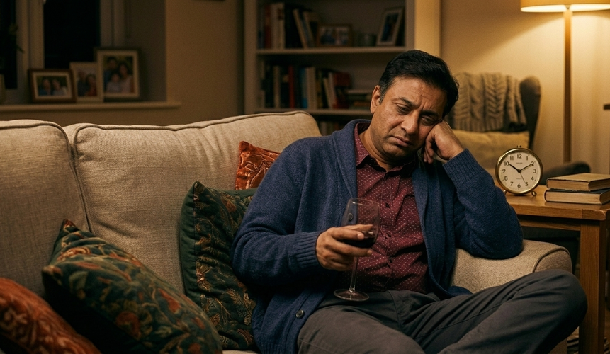 Hombre sentado en un sofá con una copa de vino en la mano y expresión de cansancio.