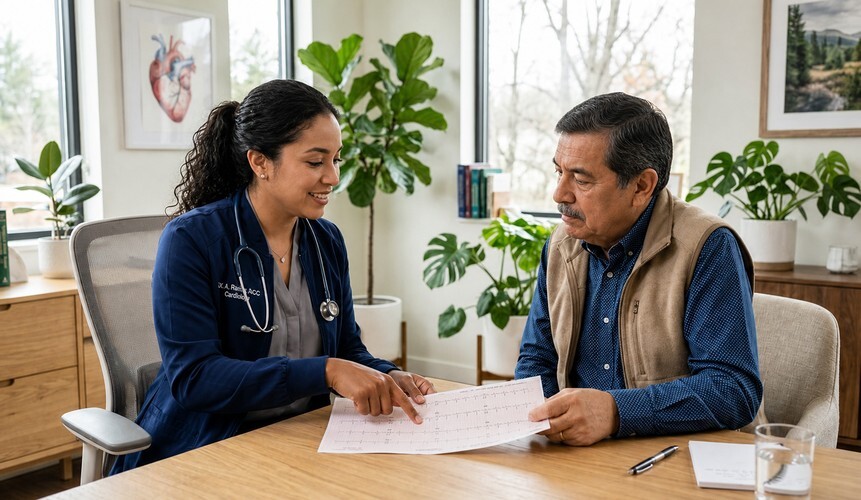 Profesional de la salud revisa un registro cardíaco con un paciente durante una consulta.