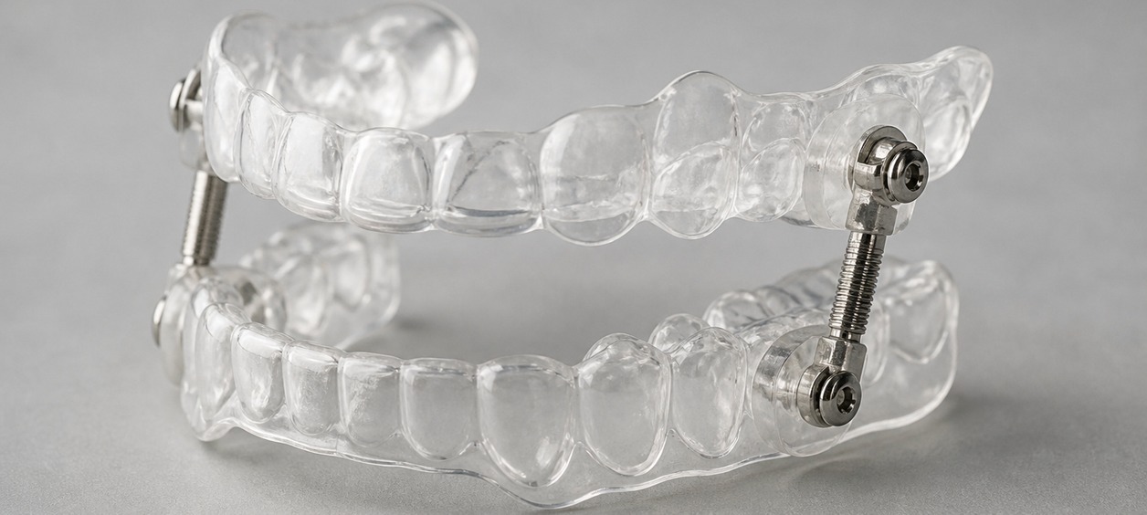 Dispositivo de avance mandibular transparente con férulas dentales y mecanismos de ajuste.