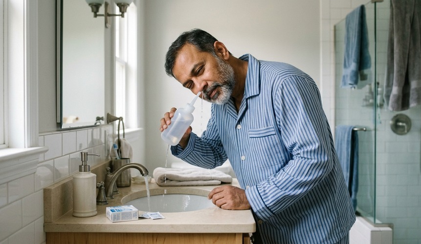 Hombre realizando un lavado nasal con solución salina