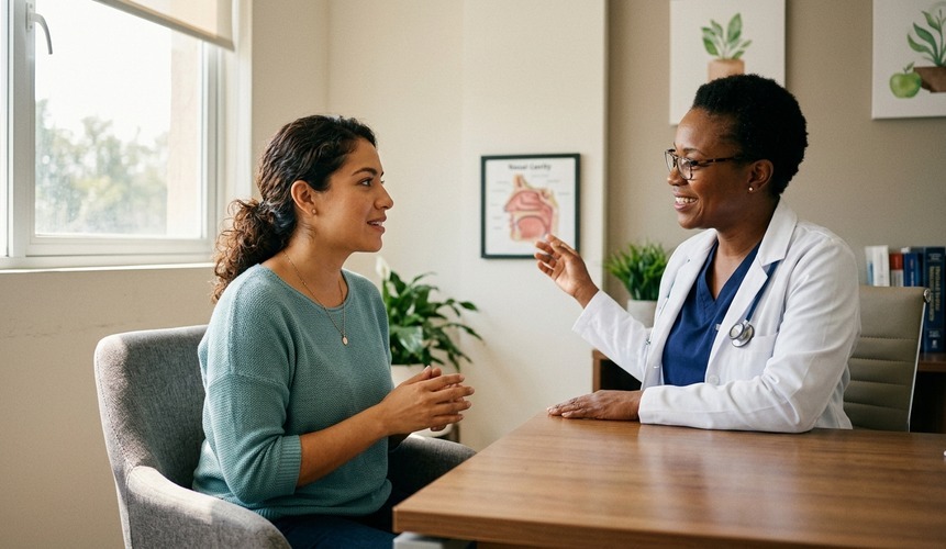 Médica conversando con una paciente sobre problemas nasales